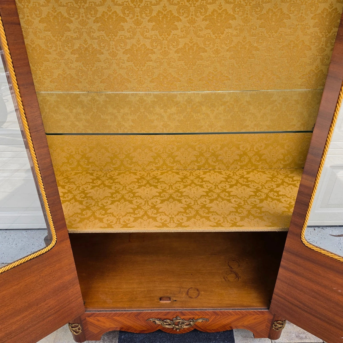 French Louis XV Marquetry Display Cabinet Figural Mounts Porcelain Medallions
