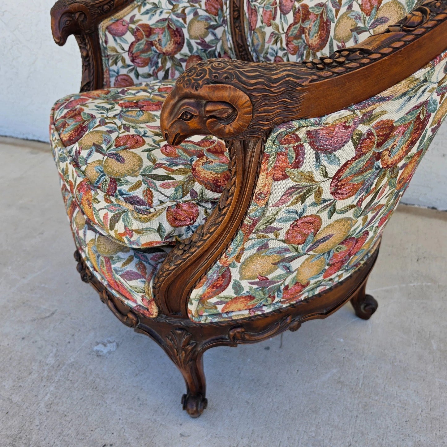 Antique French Regency Rams Heads Walnut Club Lounge Chair