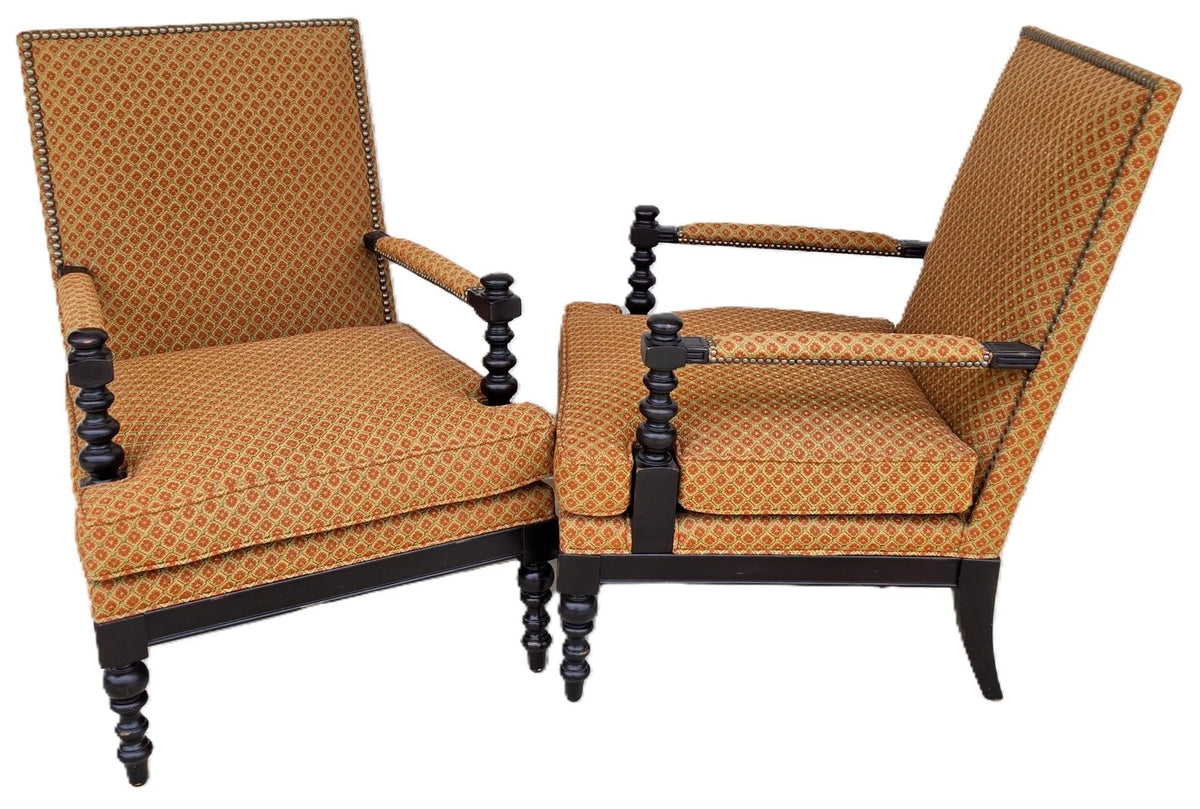 Jacobean Louis XIII Style Bobbin Turned Lounge Armchairs Ebonized Nailhead Pair