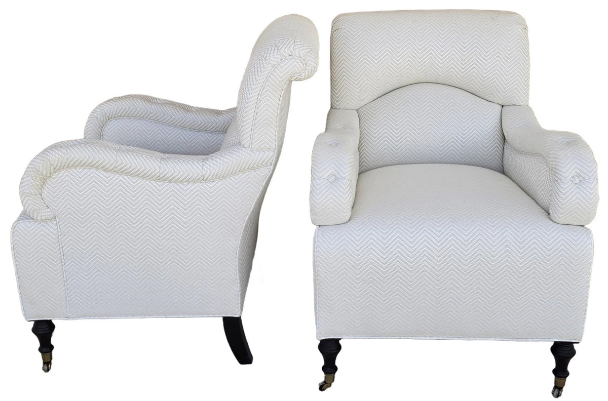 Pair Baker English Country Scroll Arm Lounge Chairs Tufted Herringbone Casters