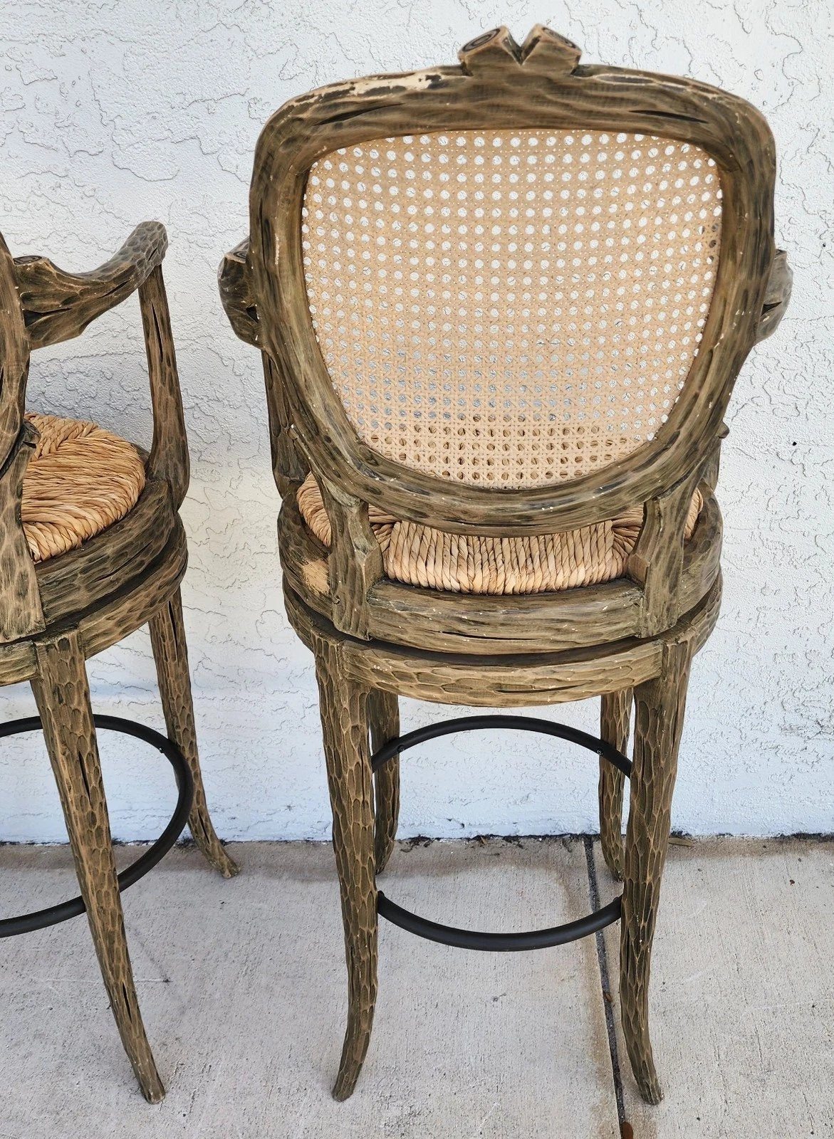 French Country Barstools Faux Bois Swivel Set of 3