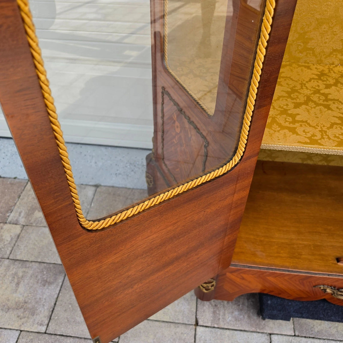French Louis XV Marquetry Display Cabinet Figural Mounts Porcelain Medallions