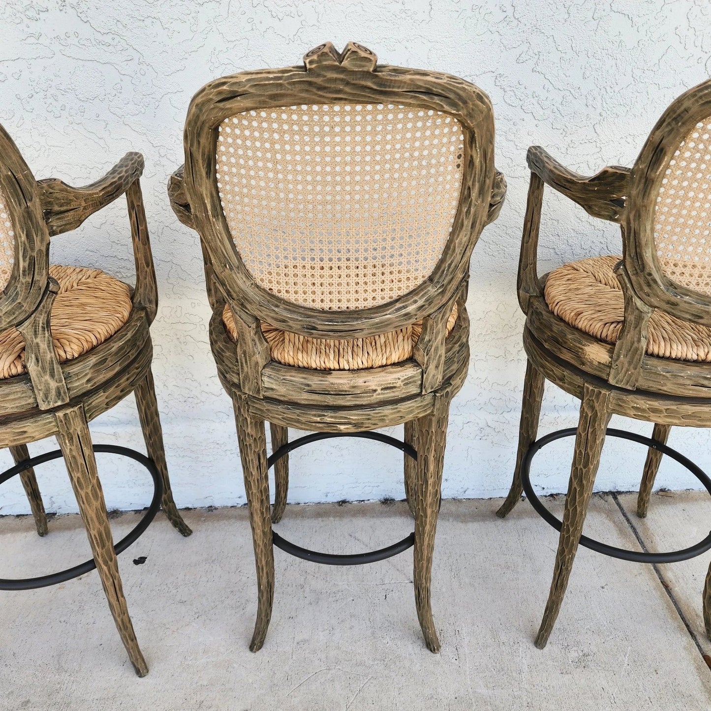 French Country Barstools Faux Bois Swivel Set of 3