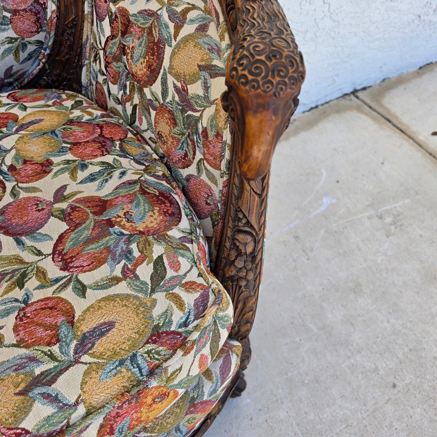 Antique French Regency Rams Heads Walnut Club Lounge Chair