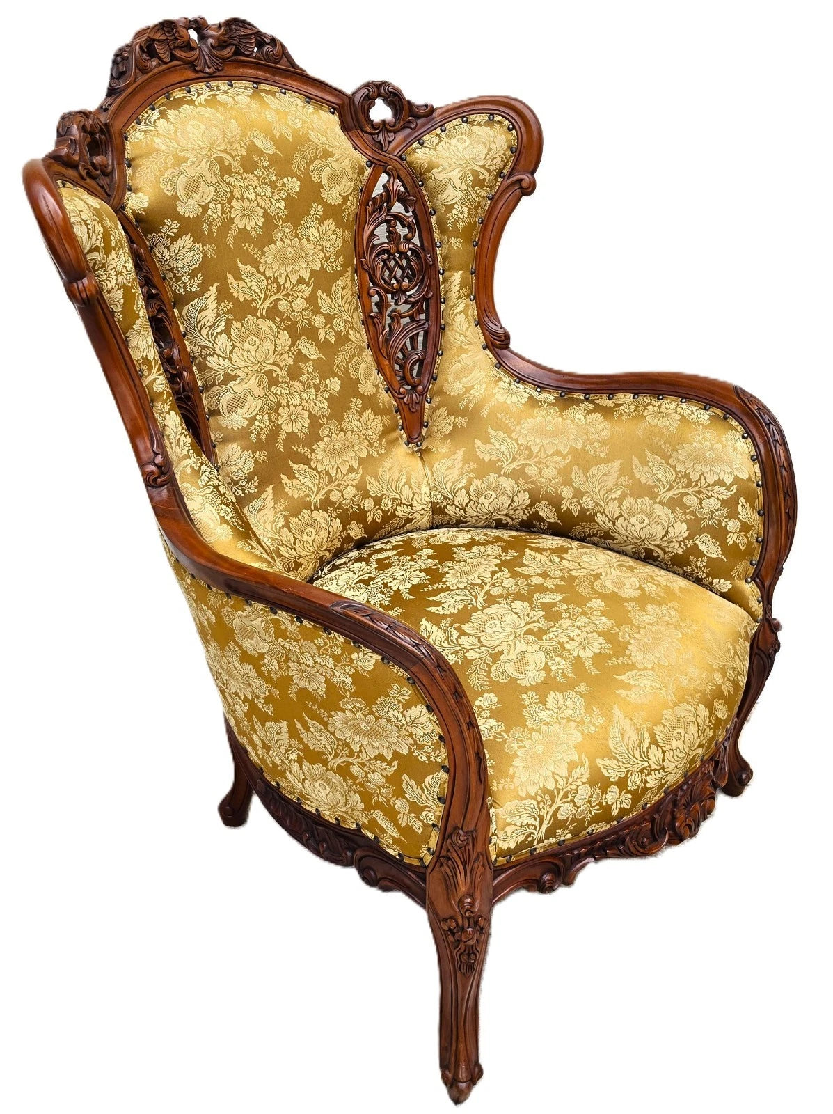 Victorian Rococo Revival Carved Bird Crest Music Room Wingback Armchair