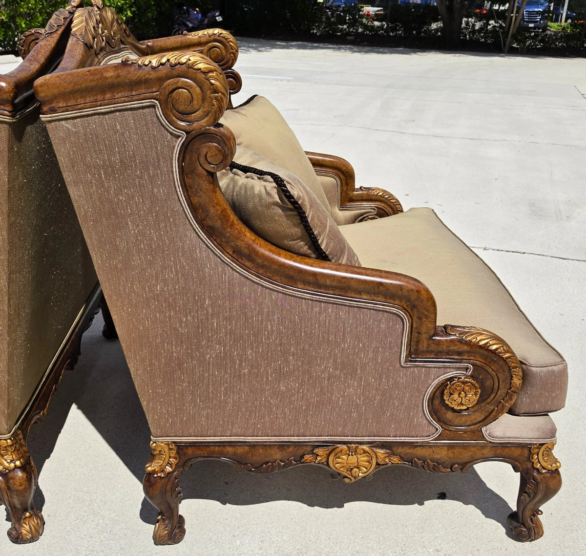 Marge Carson Style French Louis XV Ornate Caved Settees Loveseats Pair