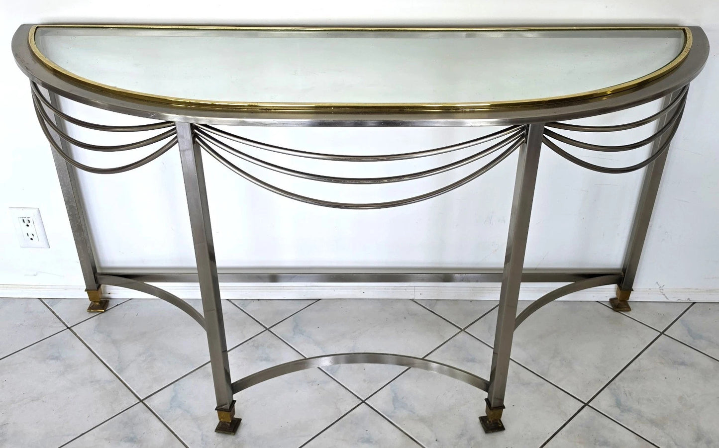 Vintage Hollywood Regency Demilune Chrome & Brass Console Table