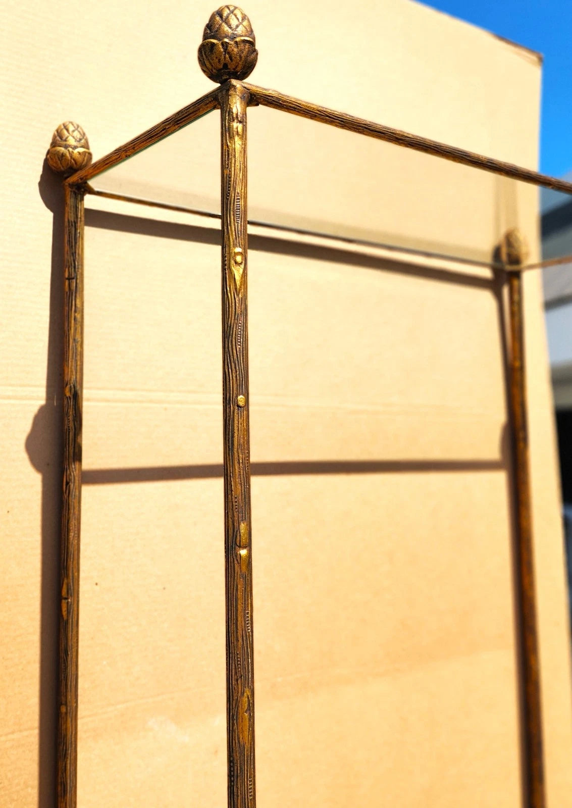 Gilt Iron & Glass Faux Bois Étagère Bookcase Shelf Mid Century