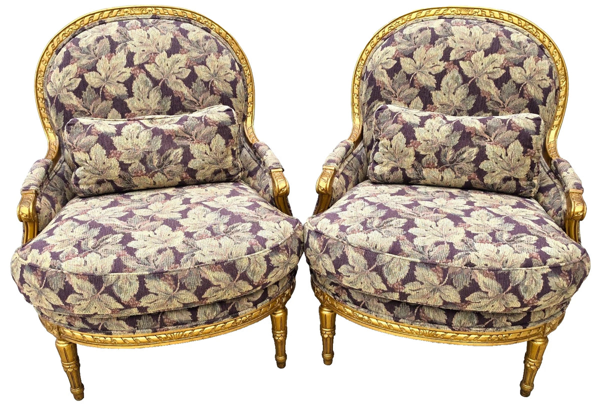 D & D Building NYC French Louis XVI Style Giltwood Oversized Bergère Armchairs