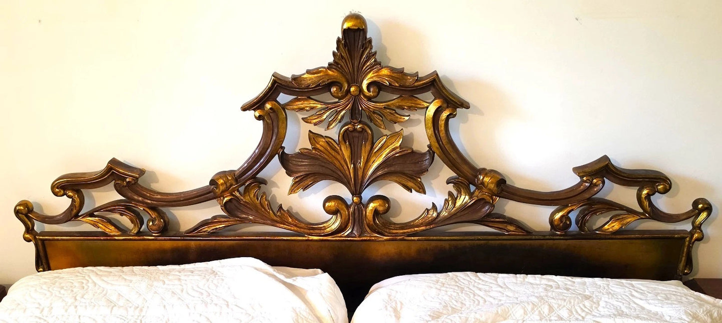 Mid Century French Rococo Louis XV Baroque Gold Gilt Metal King Headboard