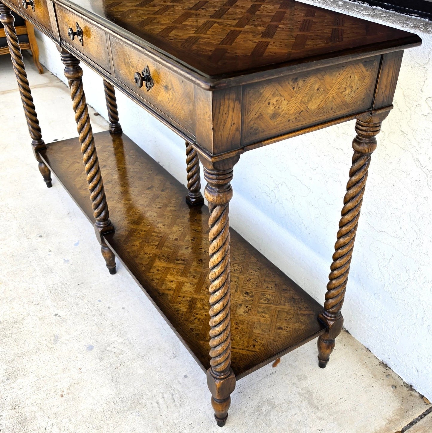 Theodore Alexander Burl Parquetry Console Table with 4 Drawers