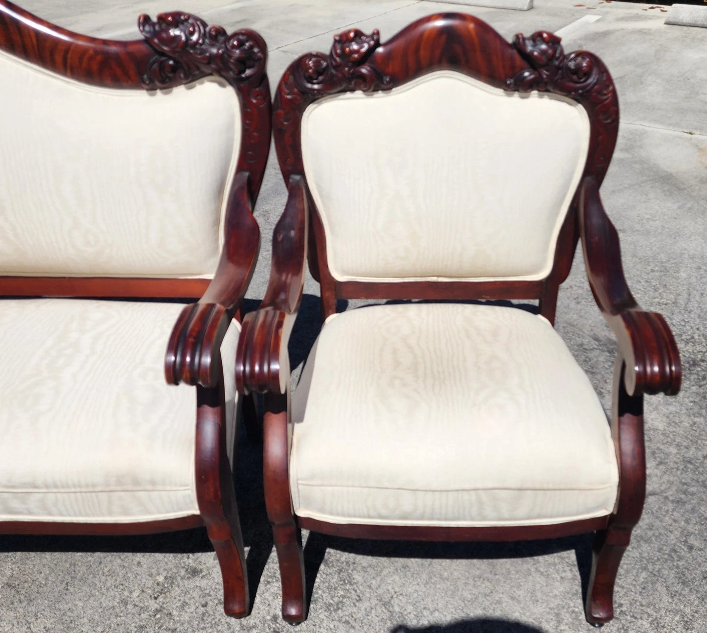 Antique Asian Rosewood Carved Foo Dogs Living Room Suite 3 Piece Sette 2 Chairs