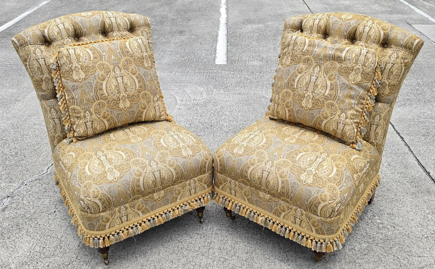 Vintage Hollywood Regency French Tufted Designer Slipper Lounge Chairs Pair
