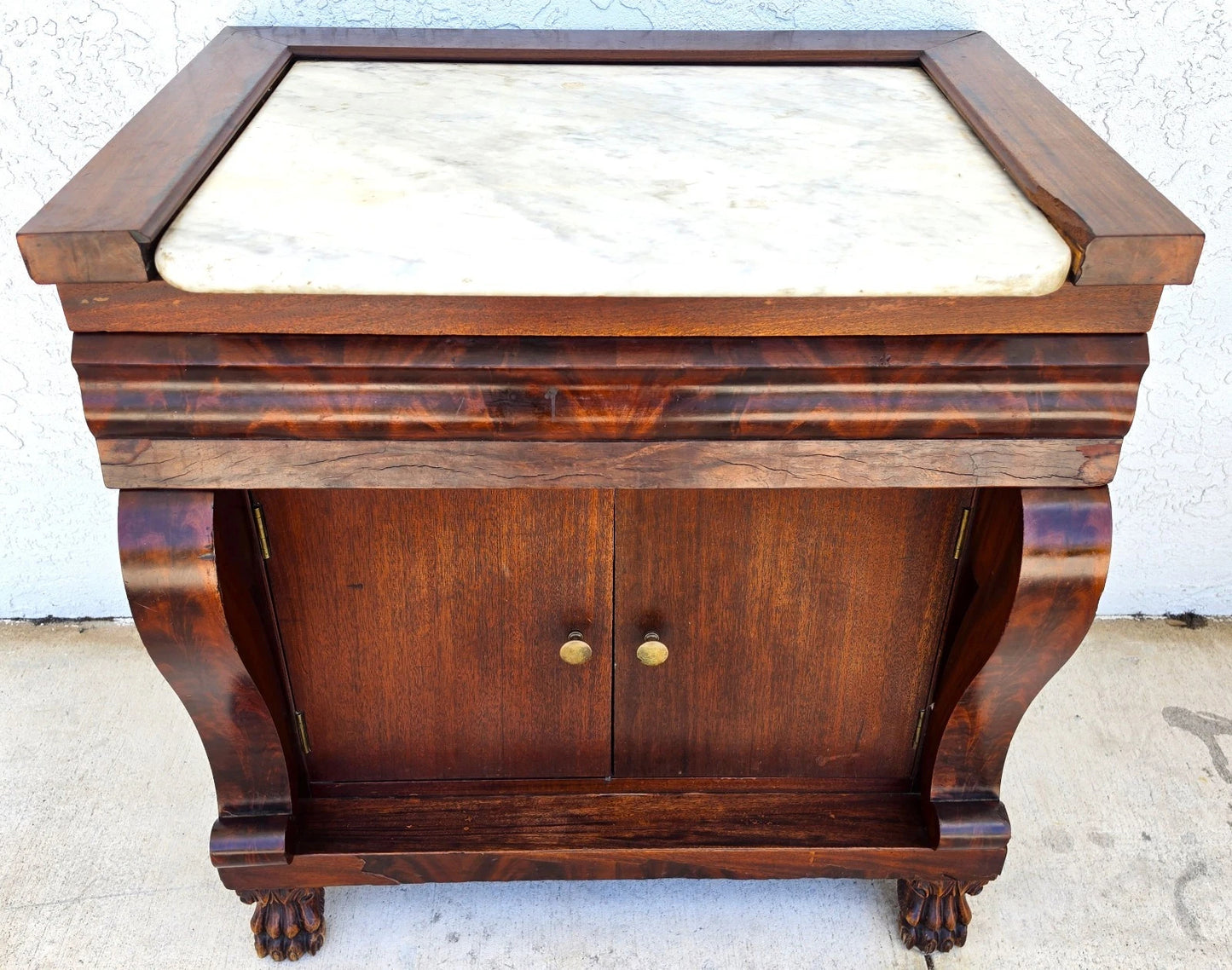 19th Century American Empire Flame Mahogany & Marble Cabinet Side Table