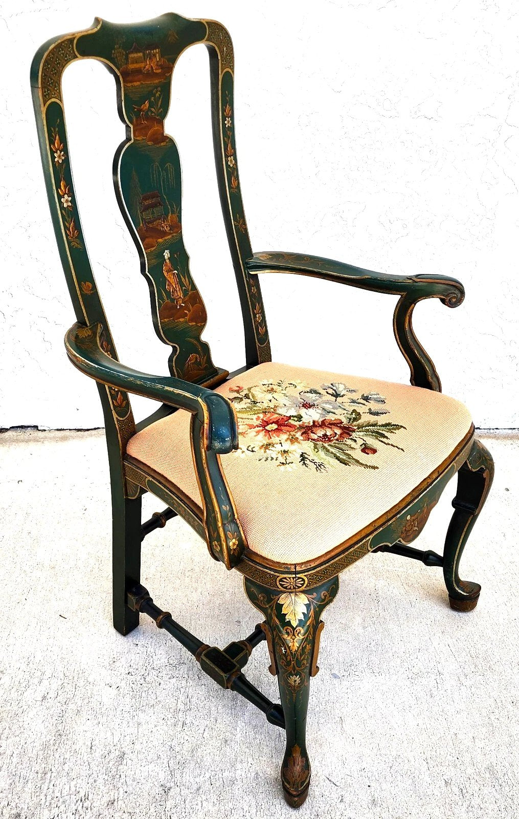 Antique Chinoiserie Decorated Queen Anne Arm Chair ca 1930