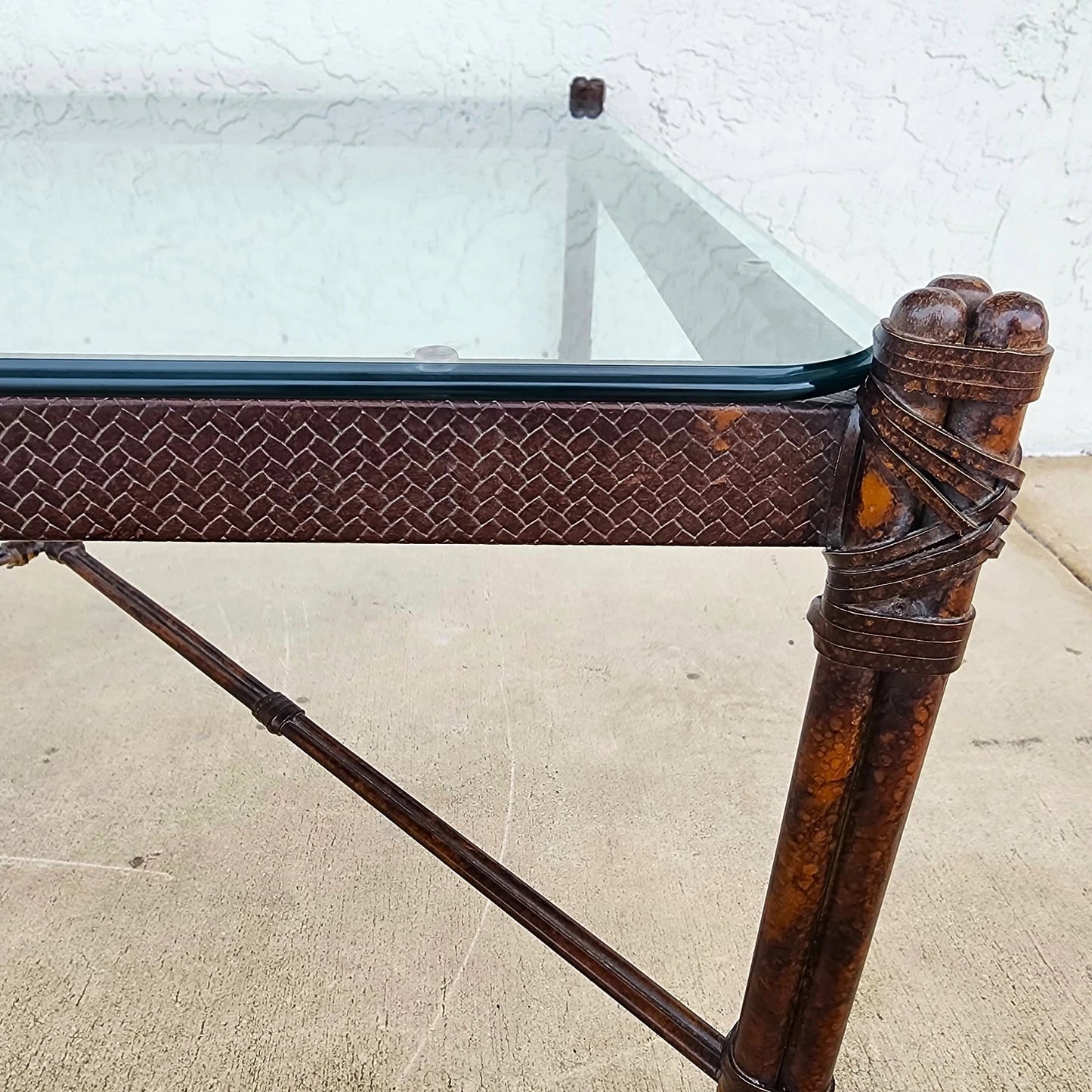 Maitland Smith Style Faux Metal Bamboo Glass & Leather Cocktail Table