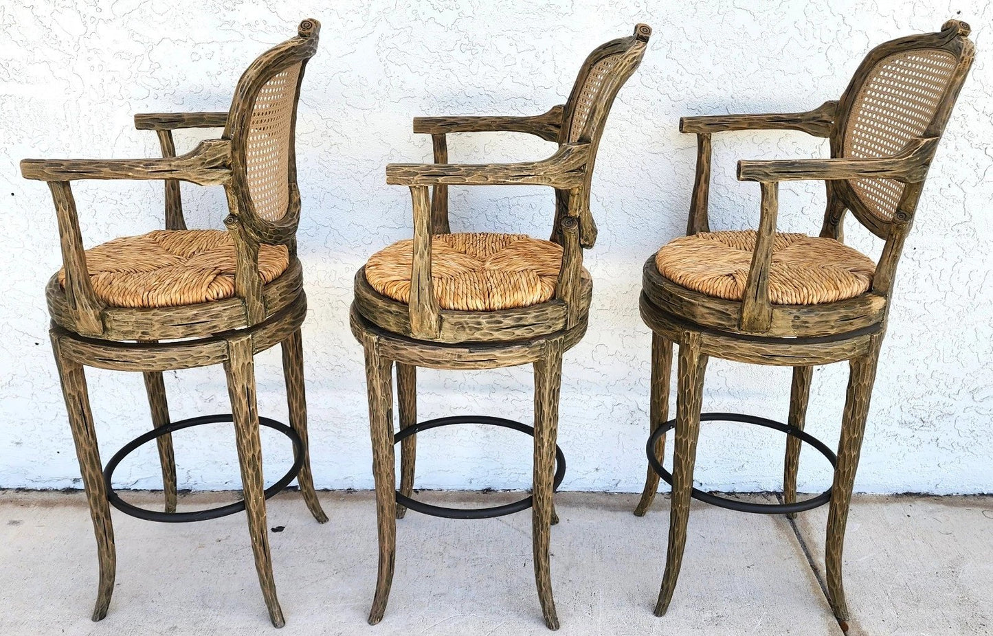 French Country Barstools Faux Bois Swivel Set of 3