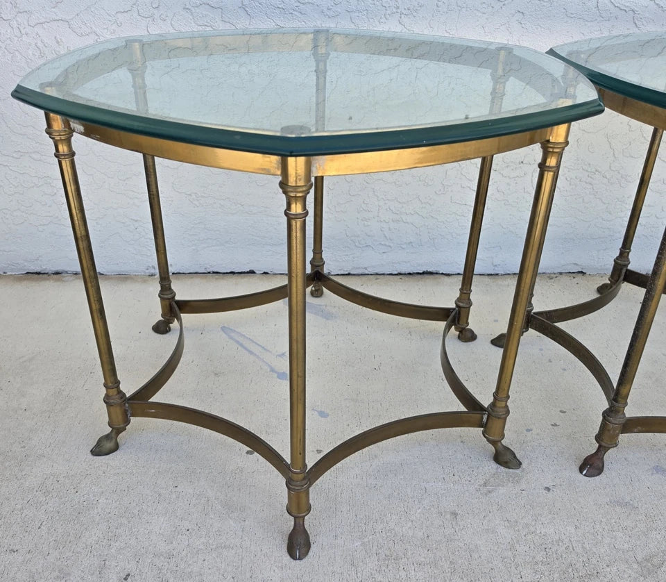 Vintage Labarge Side Table Brass Glass Hoof Footed Octagonal