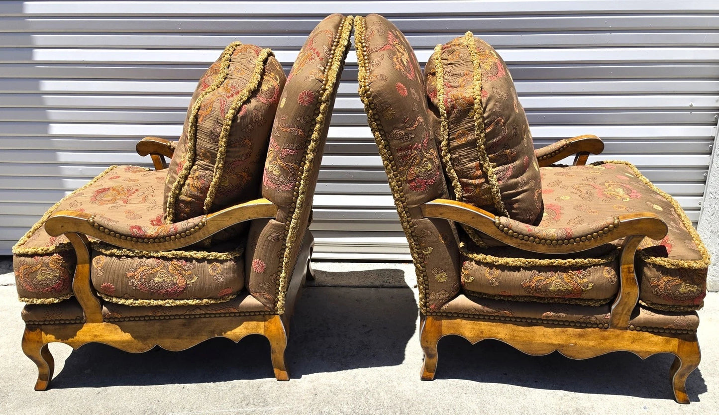 Classics French Louis XV Bergère Armchairs Chinoiserie Fabric Down Cushions