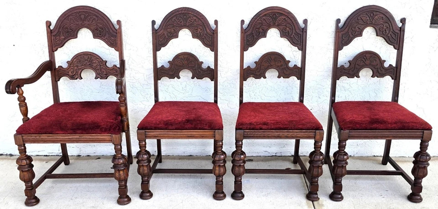 Antique English Oak Tudor Jacobean Dining Chairs 1930's Set of 4