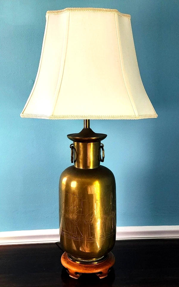 Vintage Asian Brass With Cranes Table Lamp