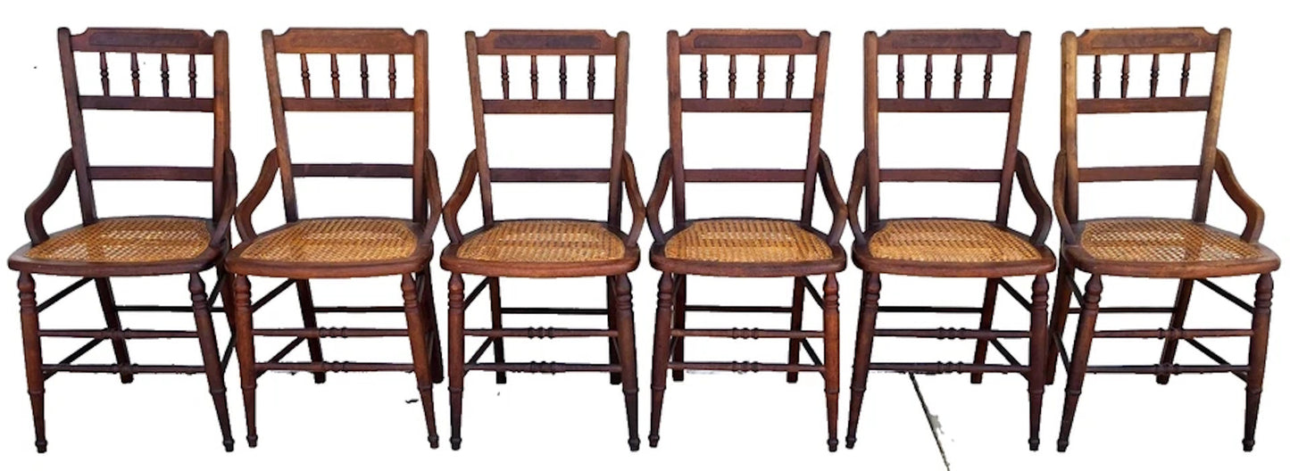 Antique Walnut Victorian Spindle Back Cane Seat Dining Chairs Set of 6
