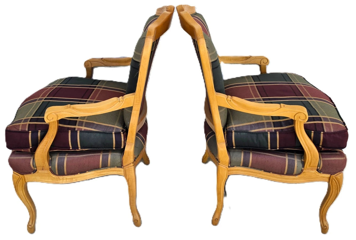 Vintage Louis XV French Provincial Armchairs Plaid Tartan Fauteuil Cabriole Legs