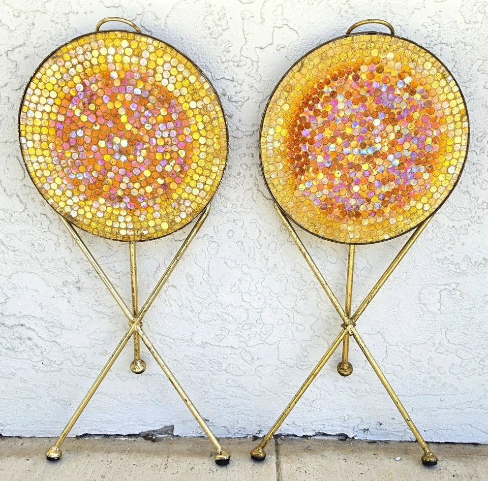 Italian Gold Gilt Folding Mosaic Side Drink Tables 1960s Pair