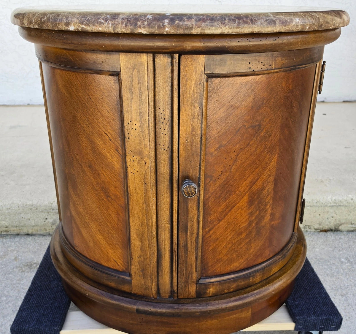 Vintage Round Brown Marble Top Drum Side Center Table With Storage Cabinet