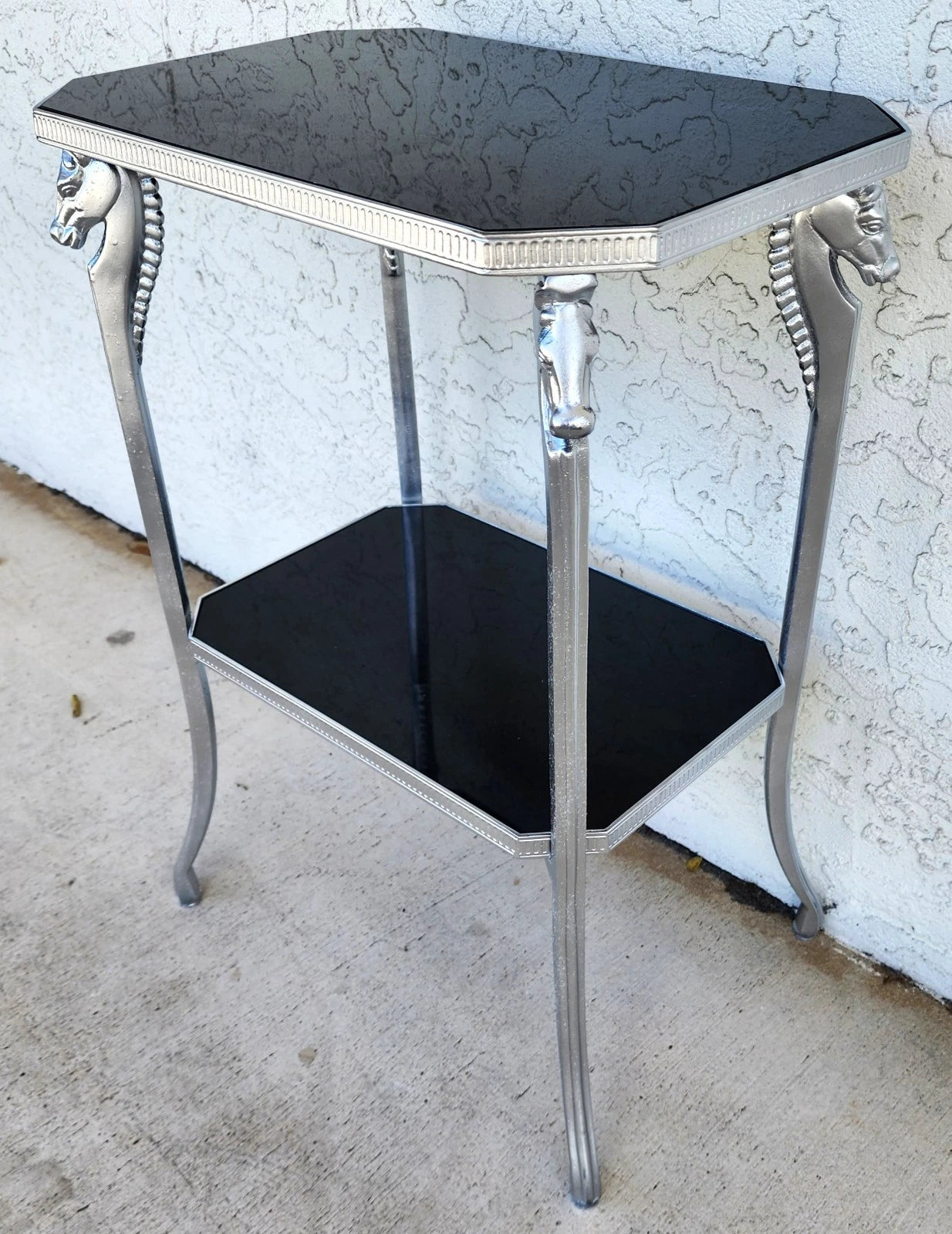 Black Stone and Metal Horse Equine 2 Tier Side Table