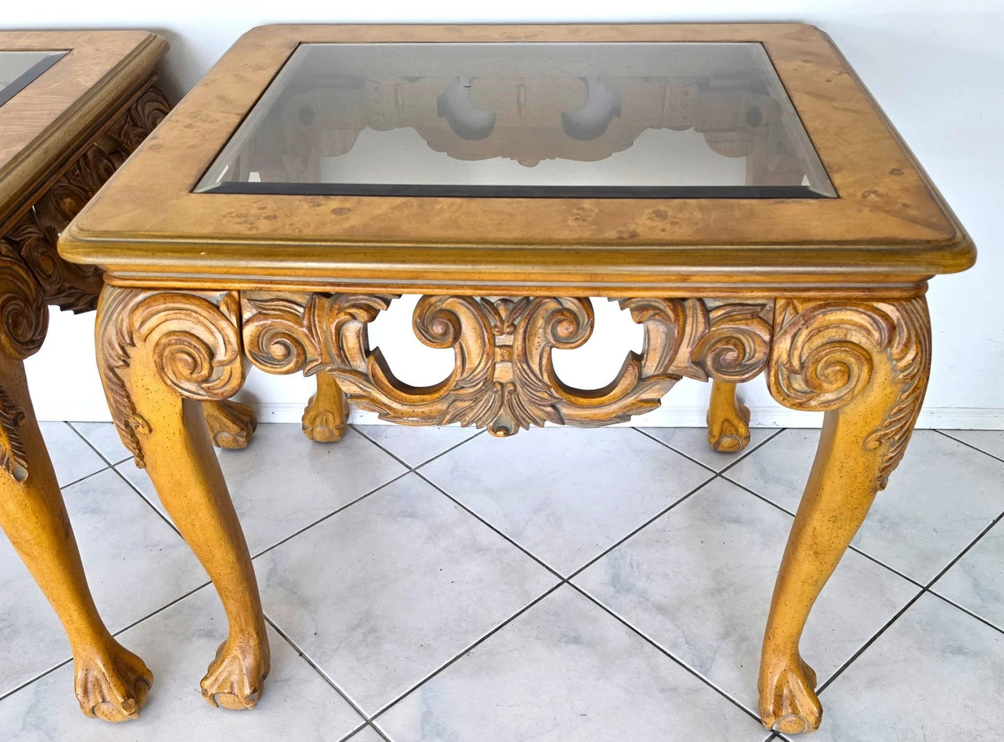 Chippendale Queen Ann Revival Style Solid Wood Side End Tables A Pair