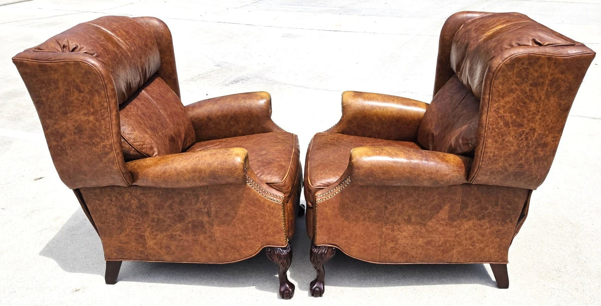 Vintage MOTIONCRAFT Chippendale Leather Wingback Recliners Ball & Claw Pair