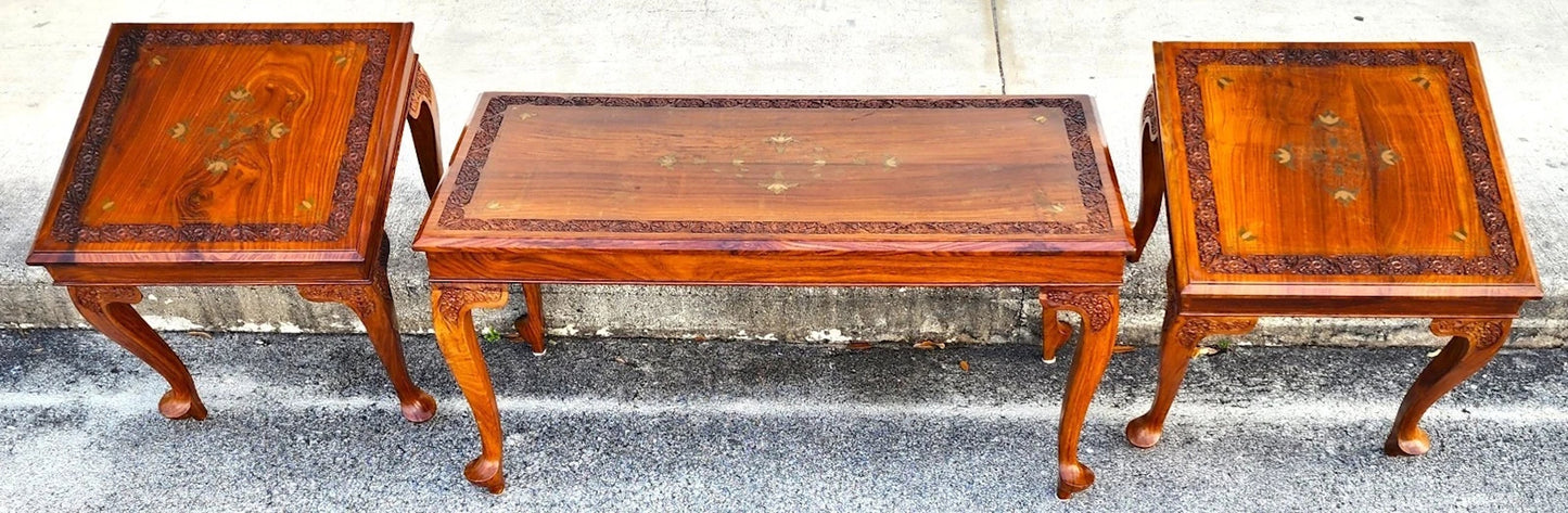 Mid Century Anglo Indian Walnut Coffee & Side Tables 3 Piece Set