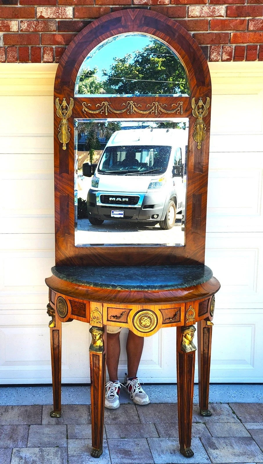 French Empire Style Console Marble Entry Table & Mirror