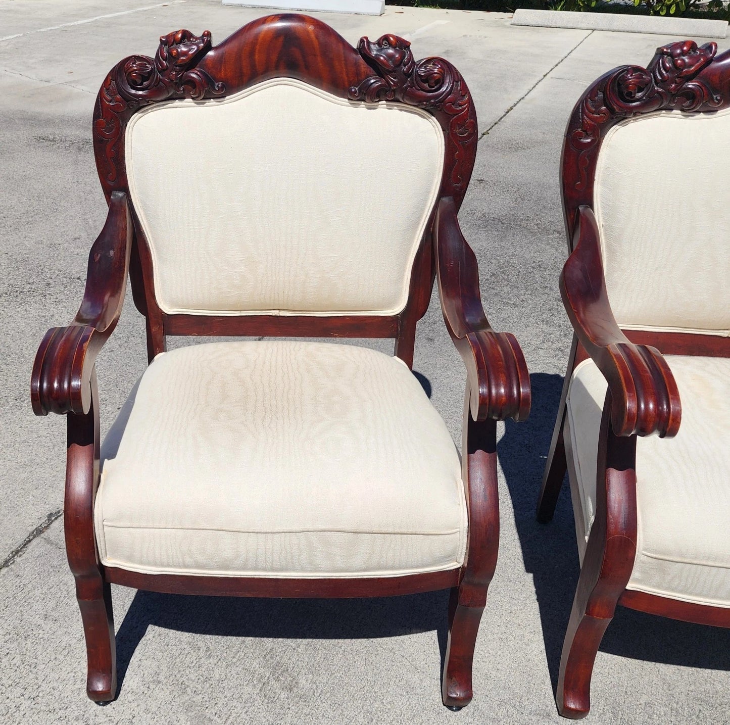 Antique Asian Rosewood Carved Foo Dogs Armchairs Set of 2