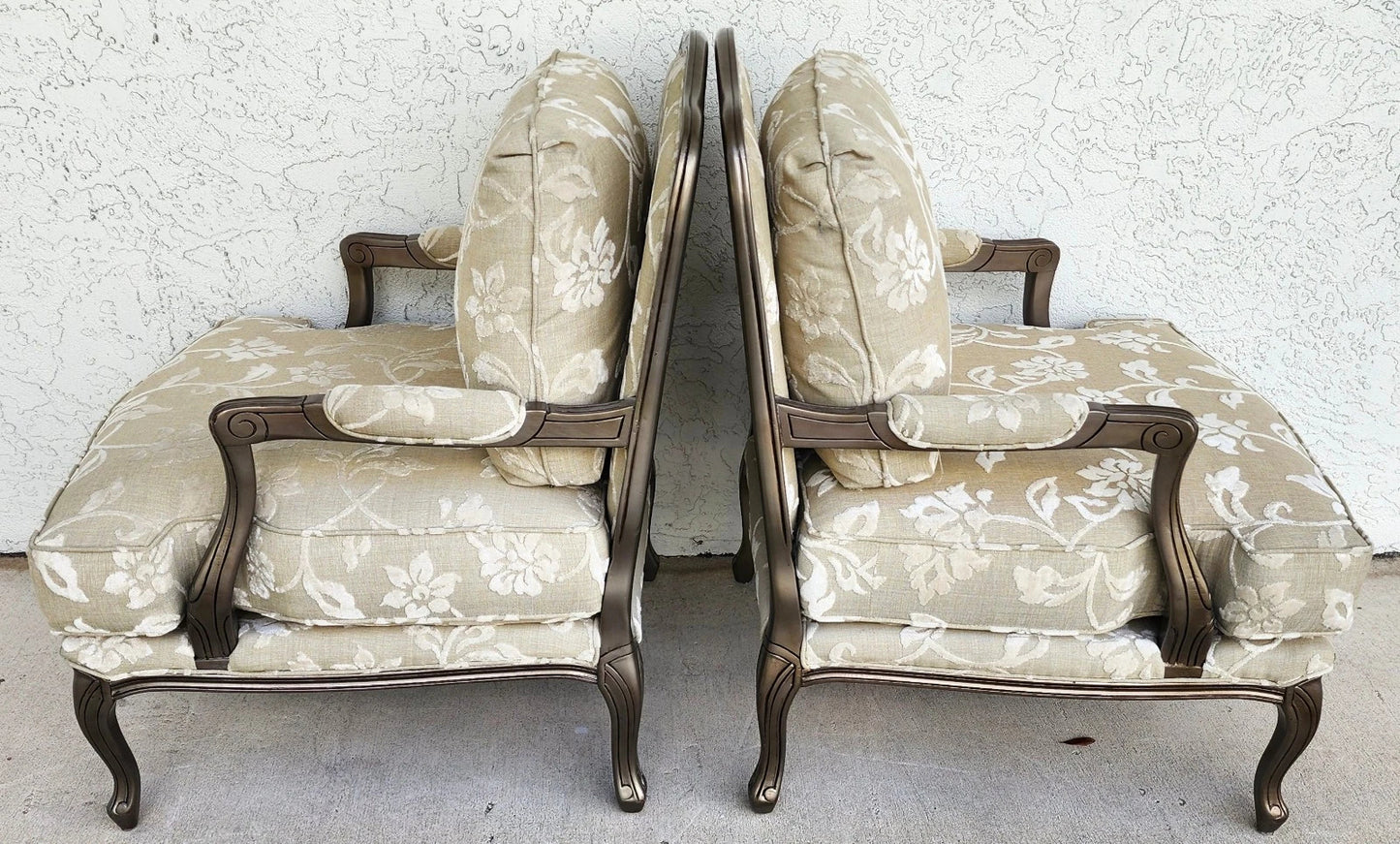 Vintage French Louis XV Armchairs Damask Linen Pair