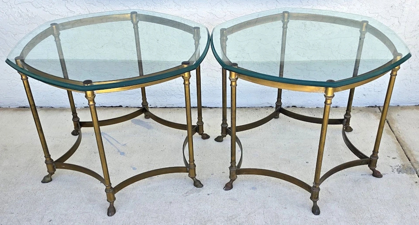 Vintage Labarge Side Tables Brass Glass Hoof Footed Octagonal Pair