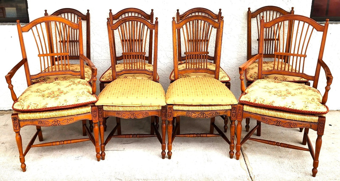 French Country Dining Chairs Rush Seats Wheat Backs with Cushions Set of 8