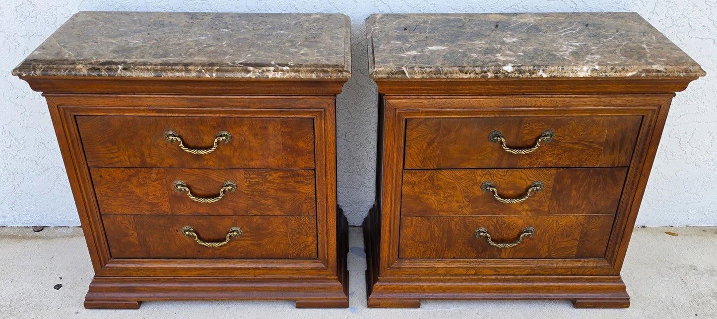 Thomasville Elysee Nightstands Burl and Marble A Pair