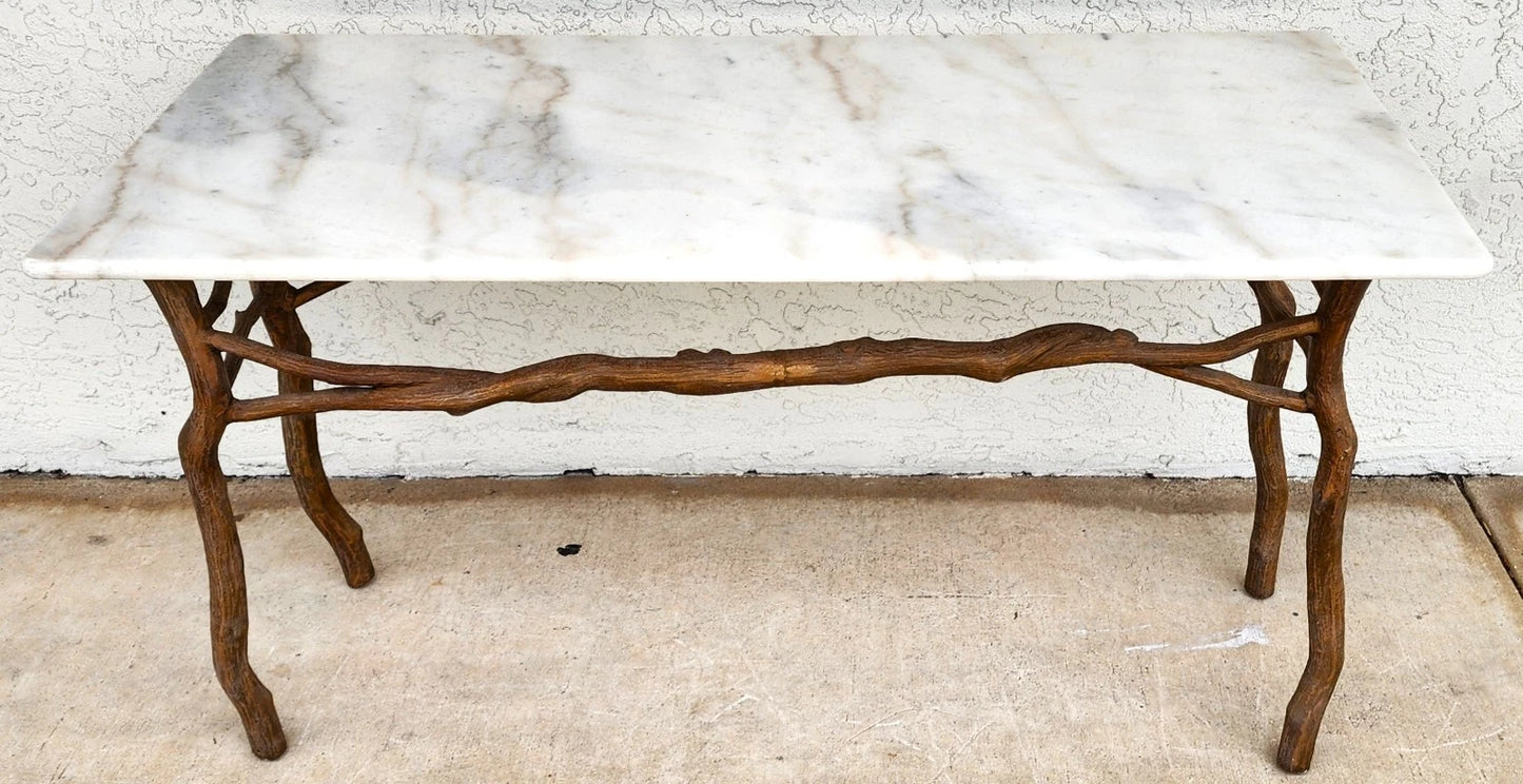 Vintage French Rustic Metal & Marble Faux Bois Branch Console Sofa Table
