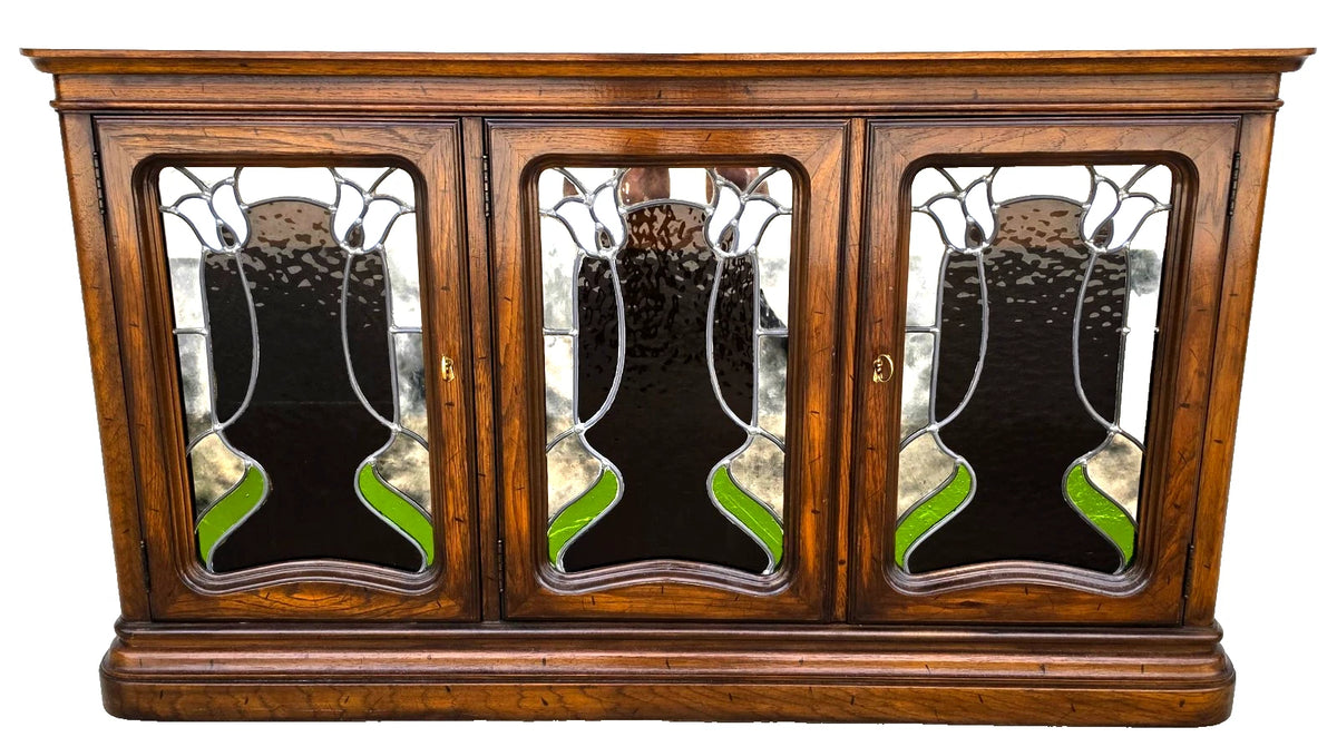 Drexel Et Cetera Art Nouveau Leaded Glass Marble Top Buffet Sideboard Dry Bar