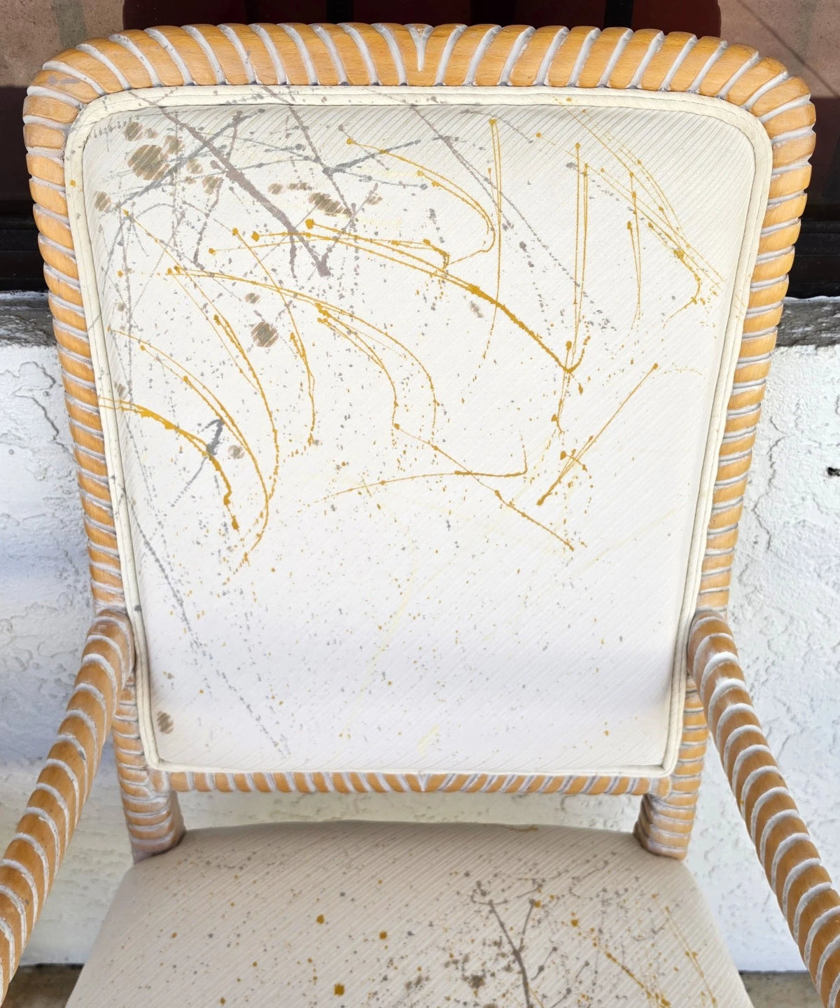 Set of 6 Coastal Carved Rope Solid Wood Dining Chairs With Abstract Upholstery