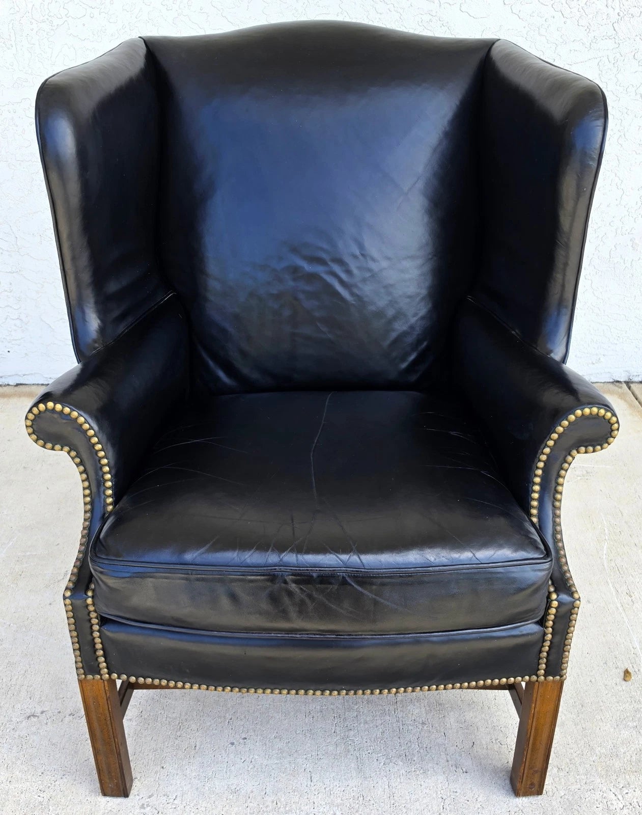 Classic Georgian Chippendale Black Leather Wingback Library Gentlemans Armchair