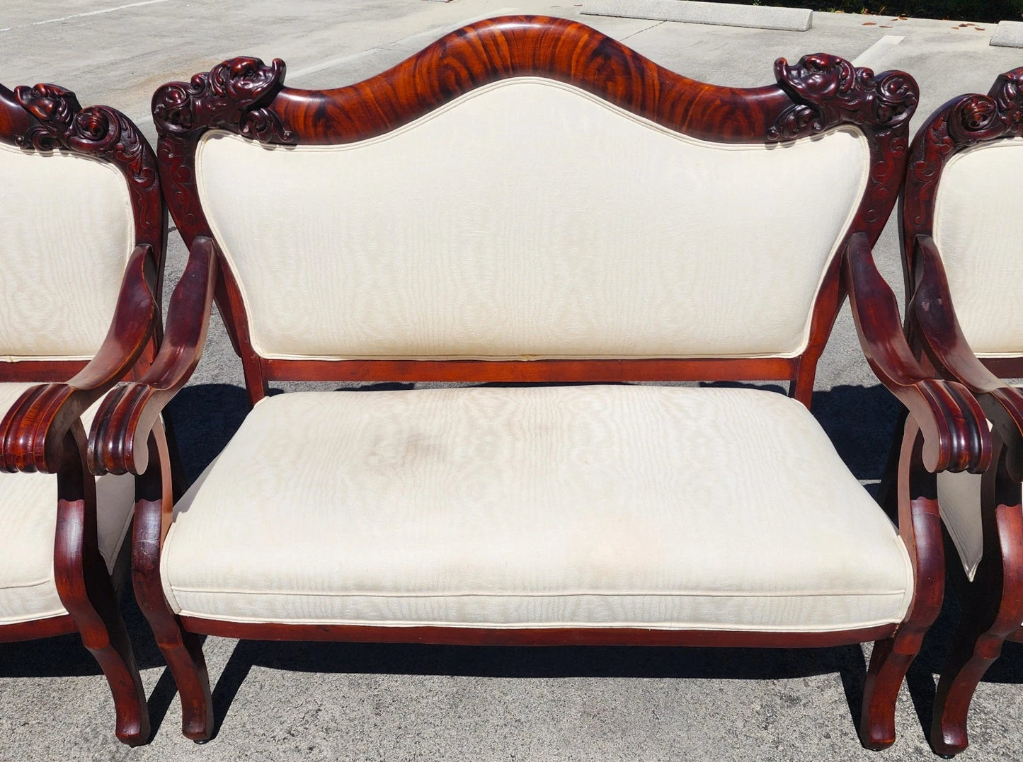 Antique Asian Rosewood Carved Foo Dogs Living Room Suite 3 Piece Sette 2 Chairs
