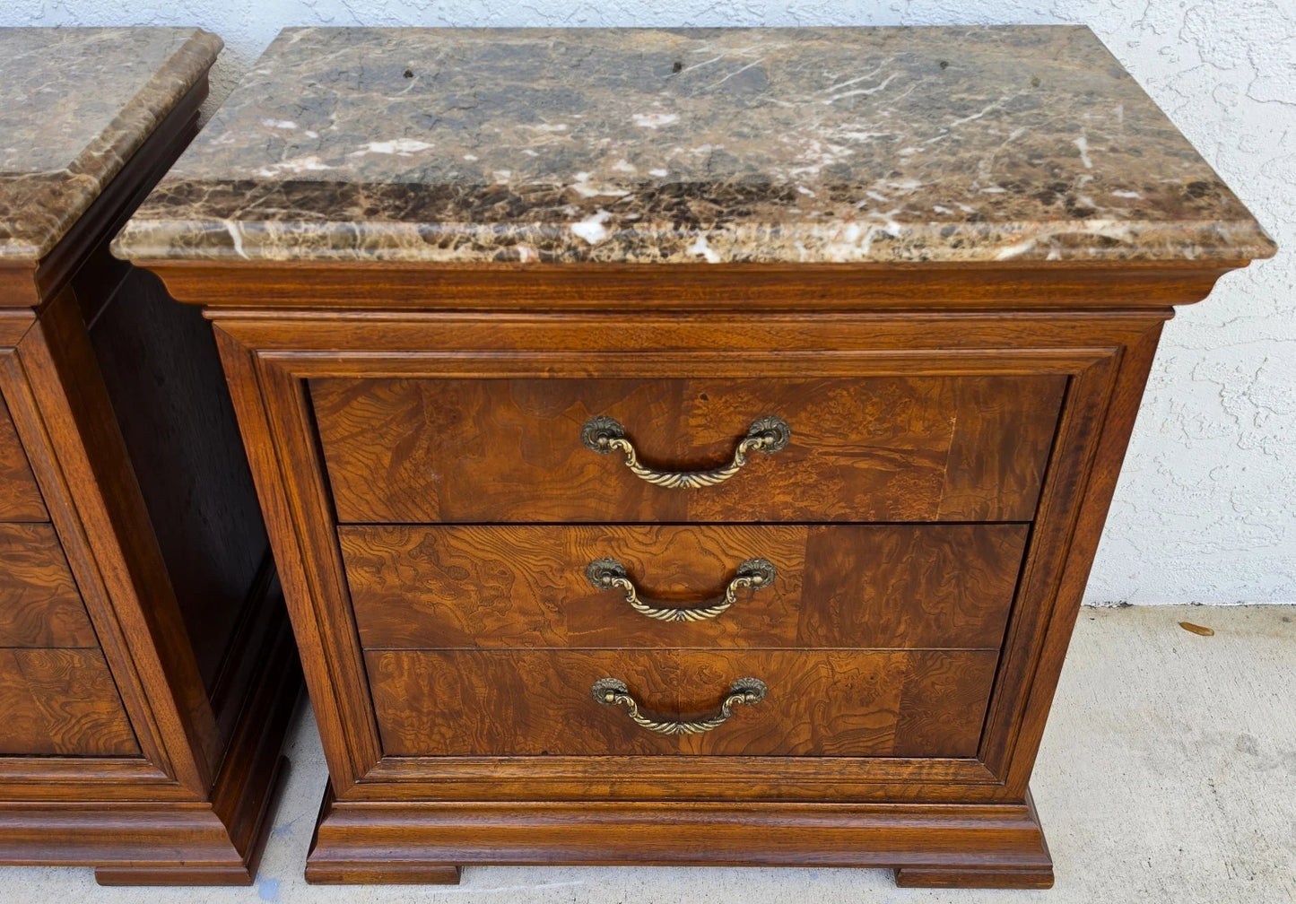 Thomasville Elysee Nightstands Burl and Marble A Pair