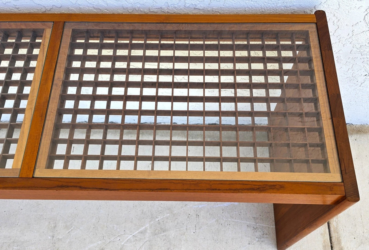 Vintage Komfort Danish Lattice Pattern Teak and Glass Console Table