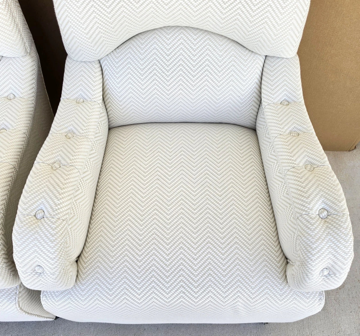 Pair Baker English Country Scroll Arm Lounge Chairs Tufted Herringbone Casters