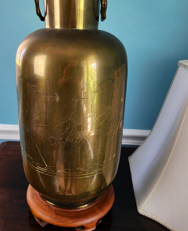 Vintage Asian Brass With Cranes Table Lamp