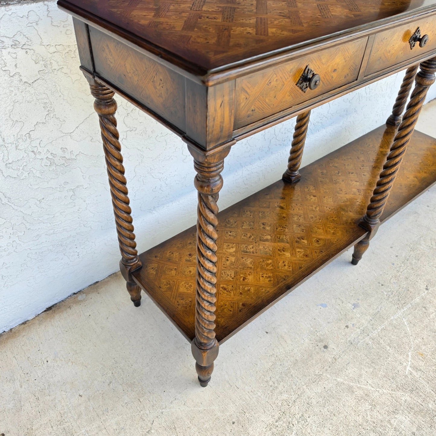 Theodore Alexander Burl Parquetry Console Table with 4 Drawers