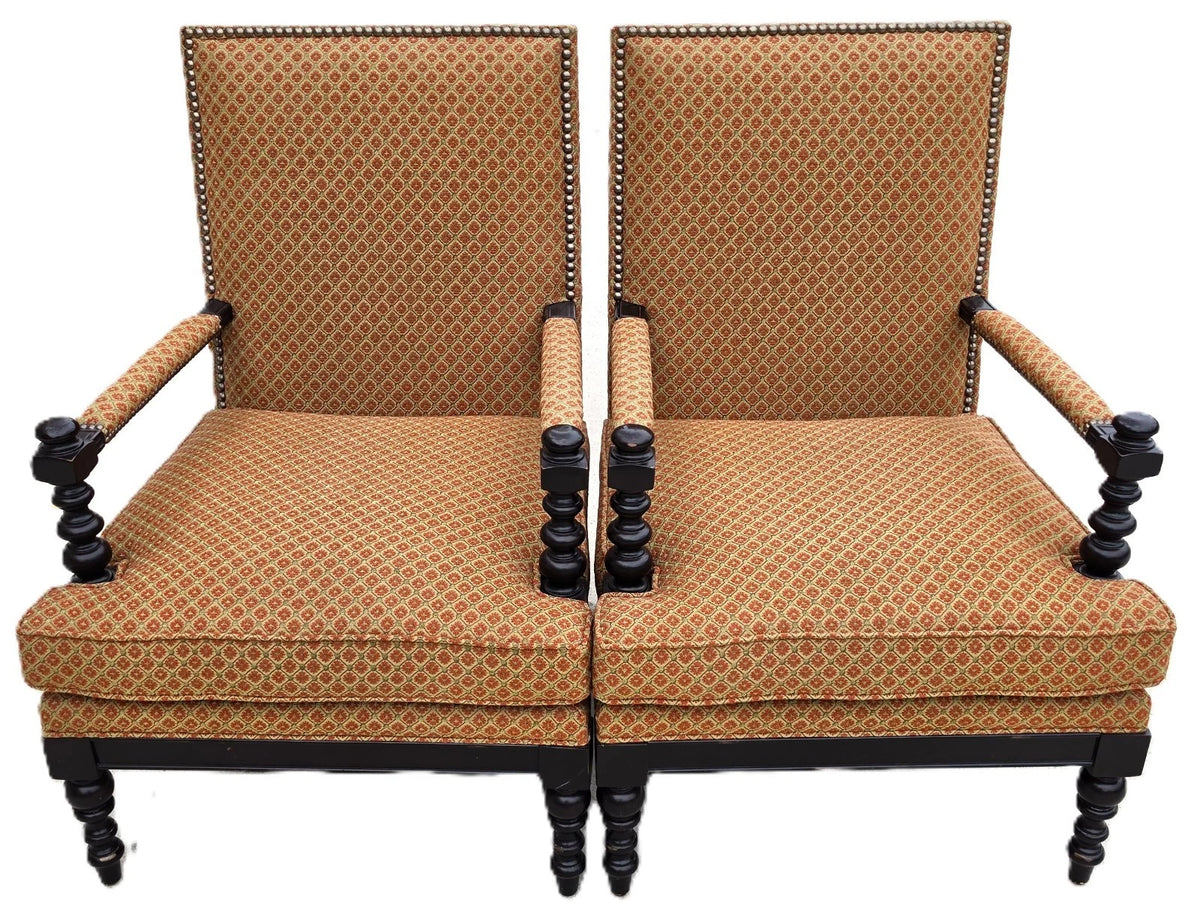 Jacobean Louis XIII Style Bobbin Turned Lounge Armchairs Ebonized Nailhead Pair